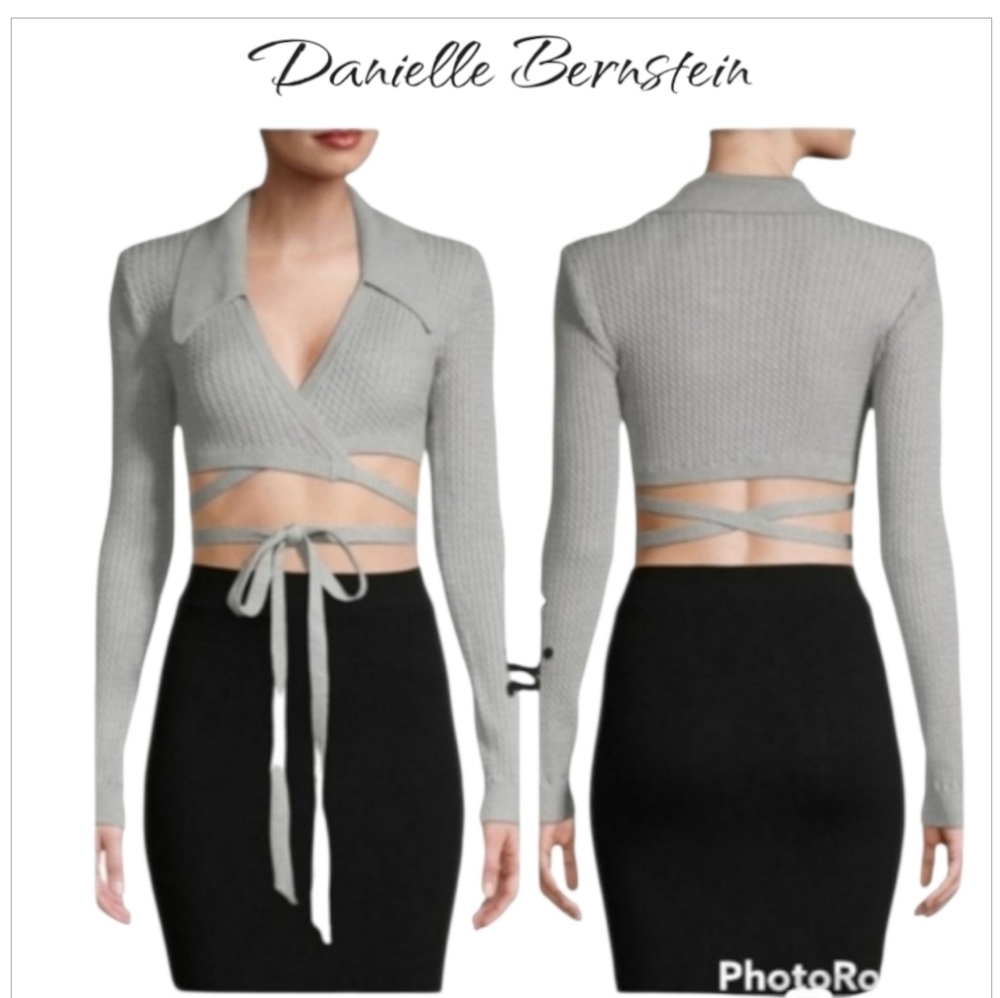 NWT Danielle Bernstein Cable Knit Cropped Wrap Sweater Large Gray